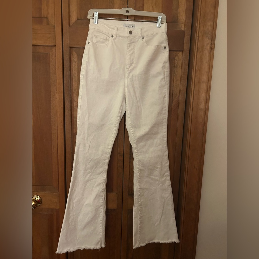 Loft Women’s Sz 27/4 White Boho Beachy Cotton Coastal Raw Hem Bell Bottom Pants